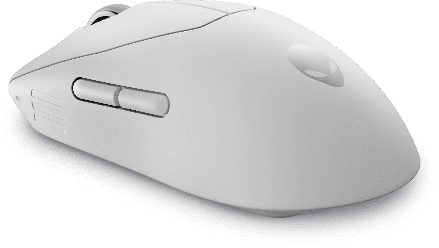 A white computer mouse with a black backgroundDescription automatically generated