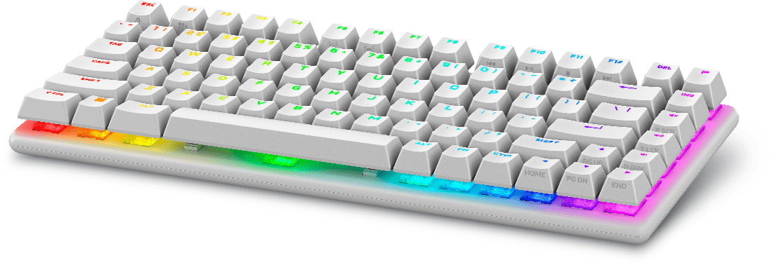 A white keyboard with green lightsDescription automatically generated
