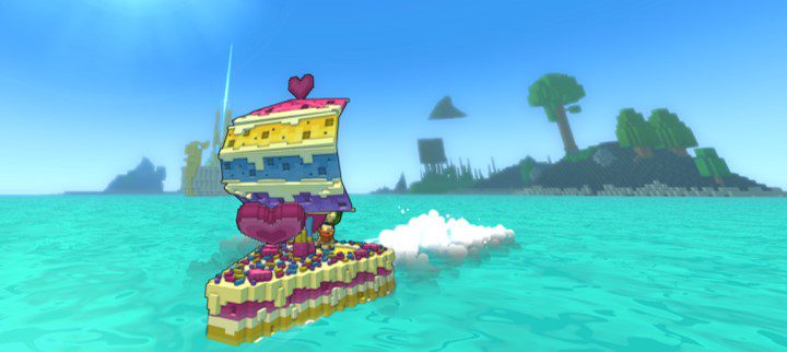 A video game screen shot of a cake floating in the water Description automatically generated