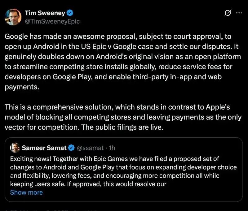 Google与Epic握手言和?五年官司或将收场 https://popsoft.com/wp-content/uploads/2025/11/Google%E4%B8%8EEpic%E6%8F%A1%E6%89%8B%E8%A8%80%E5%92%8C.webp